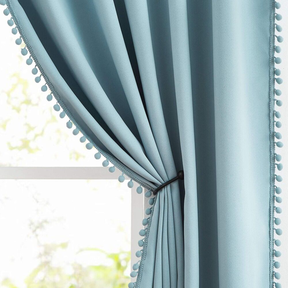 Set of 2 Panels, 52"W x 90"L Pom-Pom Blue Curtains Thermal Insulated Darkening